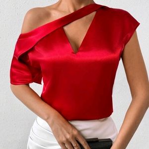 Luxe Satin Asymmetric Shoulder Cut Out V Neck Office Work Top Blouse Shirt Red